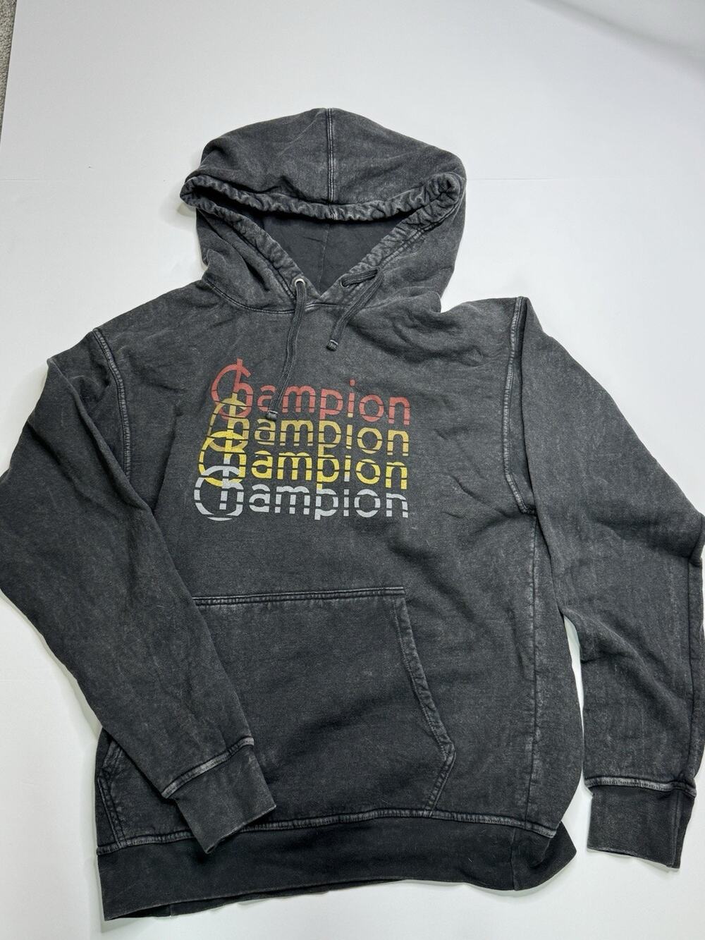 Champion Men’s M Mineral Dye Retro Repeat Logo Black Pullover Hoodie Stone Wash